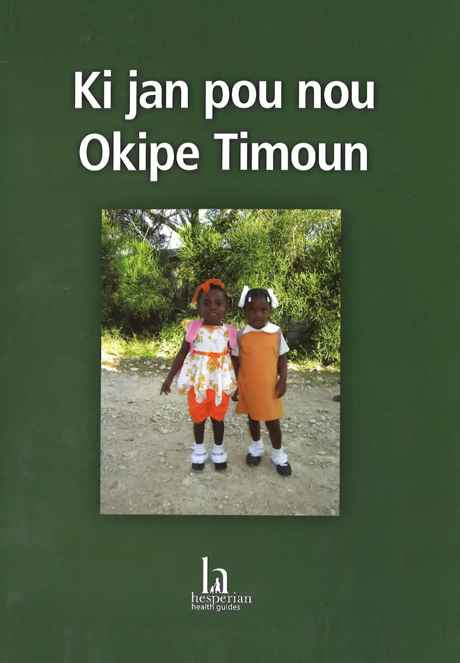 Book cover with two children standing outdoors and text on a green background